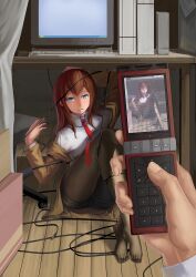  arm_behind_head arm_up black_pantyhose blue_eyes blush brown_hair cable camera_phone caught cellphone cellphone_photo commentary_request computer entangled female highres jacket long_hair majicjiang makise_kurisu monitor necktie open_mouth pantyhose pantyhose_under_shorts phone photoshop_(medium) pov recording red_necktie shorts solo_focus steins;gate windows_xp x68000 you&#039;re_doing_it_wrong 