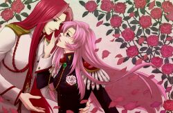  1boy 35_(sansansanko) aiguillette bishounen blue_eyes commentary couple epaulettes eye_contact female flower highres hug kiryuu_touga lipstick long_hair looking_at_another makeup petals pink_hair pink_lips red_flower red_hair red_rose rose shoujo_kakumei_utena straight tenjou_utena thorns very_long_hair waist_hold white_flower white_rose 