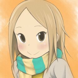  brown_eyes closed_mouth commentary_request female kaga_rin light_brown_hair long_hair looking_at_viewer orange_background orange_theme otosama portrait scarf smile solo striped_clothes striped_scarf usagi_drop 