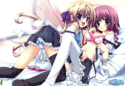  2girls :d :o all_fours bad_link bed black_legwear blonde_hair blue_bra blue_eyes blue_panties bow bow_bra bra breasts cleavage frilled_bra frills green_eyes hashimoto_yuuki highres jpeg_artifacts koiiro_soramoyou lingerie long_hair looking_back loose_thighhigh lucie lying medium_breasts multiple_girls open_mouth panties pantyhose pantyshot petticoat pink_bra pink_hair reclining shinohara_sera short_hair skirt smile thighhighs underwear undressing white_legwear yuri 