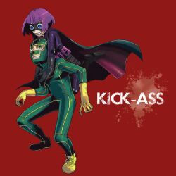  1boy animification bad_id bad_pixiv_id belt_pouch blue_eyes bob_cut boots cape costume female gloves green_eyes hit-girl kick-ass kick-ass_(character) mask picoheads plaid plaid_skirt pouch purple_hair shoes short_hair skirt sneakers superhero_costume 