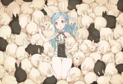  animal_ears aqua_hair armpits black_rabbit_(animal) cleavage_cutout clothing_cutout commentary_request dress earrings elin female head_tilt highres jewelry long_hair looking_at_viewer panties pantyshot rabbit rabbit_ears ricci sleeveless sleeveless_dress solo_focus stud_earrings tera_online too_many too_many_rabbits underwear white_rabbit_(animal) 