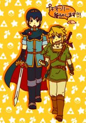  2boys black_eyes blonde_hair blue_eyes blue_hair cape commentary_request fingerless_gloves fire_emblem gloves hat kirby kirby_(series) link marth_(fire_emblem) motimamire multiple_boys open_mouth pointy_ears super_smash_bros. sword the_legend_of_zelda the_legend_of_zelda:_twilight_princess tiara translated weapon 