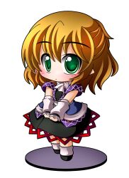  arm_warmers bad_id bad_pixiv_id blonde_hair blush chibi faux_figurine female green_eyes mizuhashi_parsee scarf shinjitsu shirt short_hair skirt solo standing touhou v_arms 