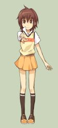  bad_id bad_pixiv_id black_socks blush brown_eyes brown_hair female foreshortening full_body kneehighs looking_at_viewer mamoru_(sister_princess) mizugame orange_skirt photoshop_(medium) popped_collar short_hair sidelocks simple_background sister_princess skirt smile socks solo w 