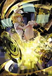  aqua_eyes blonde_hair boots bracelet checkered_clothes checkered_skirt commentary_request female fetal_position floating floating_screen hair_ornament hair_ribbon hairclip jewelry kagamine_rin looking_at_viewer photoshop_(medium) rella ribbon short_hair skirt solo tiger_rampage_(vocaloid) vocaloid 