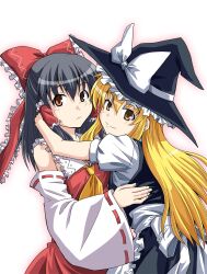  2girls black_hair blonde_hair bow brown_eyes commentary_request detached_sleeves hair_tubes hairbow hakurei_reimu hat hug kirisame_marisa long_hair multiple_girls photoshop_(medium) rimibure short_hair smile touhou witch_hat yellow_eyes 