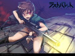  ayakura_juu brown_hair gun hibiki_karin jpeg_artifacts last_bullet_(game) short_hair watermark weapon 