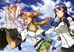  3girls breasts brown_hair busujima_saeko clouds female glasses highres highschool_of_the_dead jpeg_artifacts jumping large_breasts long_hair miyamoto_rei multiple_girls official_art open_mouth panties pink_hair ponytail purple_hair running scan seifuku skirt sky striped_panties takagi_saya tanaka_masayoshi twintails underwear 