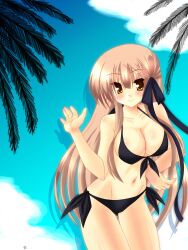  backdrop bikini black_bikini blush breasts brown_hair cleavage commentary_request female front-tie_top hair_ribbon highres large_breasts long_hair navel palm_tree photoshop_(medium) rewrite ribbon saano_chia senri_akane shadow shiny_skin side-tie_bikini_bottom smile solo swimsuit tree yellow_eyes 