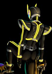  1boy armor ass back belt commentary_request from_behind glowing gun highres kamen_rider kamen_rider_555 kamen_rider_kaixa male_focus skin_tight solaris solo weapon 