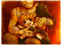  2boys baby bandages blonde_hair blue_eyes commentary_request earrings father_and_son happy jewelry link lolicon male_focus motimamire multiple_boys pointy_ears sitting sitting_on_lap sitting_on_person smile the_legend_of_zelda the_legend_of_zelda:_twilight_princess 