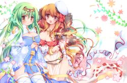  2girls arch_bishop_(ragnarok_online) bad_id bad_pixiv_id belt bow bracelet braid breasts brown_eyes brown_hair cleavage commentary_request crown dress gem green_hair half_updo hat hizukiryou jewelry large_breasts long_hair multiple_girls navel no_panties own_hands_clasped own_hands_together photoshop_(medium) pointing ragnarok_online ribbon see-through smile sorcerer_(ragnarok_online) thighhighs tiara white_legwear 