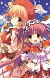  2girls :d agnes_boulange apple bad_link blonde_hair blush bow doughnut dress food fruit gloves happy highres long_hair minette multiple_girls one_eye_closed open_mouth purple_eyes purple_hair qp:flapper red_eyes ribbon short_hair shukufuku_no_campanella smile twintails white_gloves 