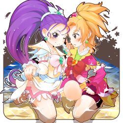  2girls ao_yasai blush bow brooch brown_eyes brown_hair collarbone commentary_request cure_bloom cure_egret detached_sleeves dress earrings eyelashes fingerless_gloves full_body futari_wa_precure_splash_star gloves hair_ribbon hairband heads_together heart heart_brooch heart_earrings high_ponytail holding_hands hyuuga_saki interlocked_fingers jewelry kneeling kneeling_on_liquid long_hair looking_at_another looking_at_viewer magical_girl mishou_mai multiple_girls on_one_knee one_eye_closed parted_lips pink_arm_warmers ponytail precure purple_eyes purple_hair ribbon shadow shallow_water shorts shorts_under_skirt skirt_hold sleeves_past_wrists smile very_long_hair water wide_ponytail 