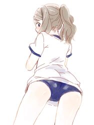  ass blue_buruma blue_eyes blush brown_hair buruma chibikko_(morihito) commentary_request female from_behind gym_uniform looking_back morihito original ponytail sidelocks solo thick_eyebrows 