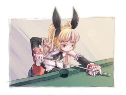  ball billiards blazblue blonde_hair bow citolo commentary_request cue_stick detached_sleeves female hairbow leaning_forward long_hair pool_table rachel_alucard solo table twintails 