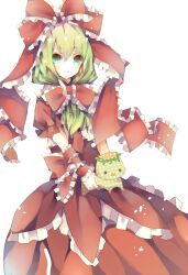  bow cha_goma commentary_request doll dress female frills front_ponytail green_eyes green_hair hair_ornament hair_ribbon hairbow highres kagiyama_hina kappa long_hair ribbon smile solo standing touhou 