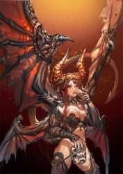  armor bad_link bikini_armor blue_eyes breasts cleavage copyright_request cup demon_girl demon_horns female horns image_sample lips medium_breasts multiple_wings naver_sample no_panties photoshop_(medium) red_hair shaonav skull solo tail wings 