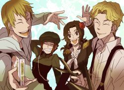  2boys 2girls baccano! bad_id bad_pixiv_id blonde_hair book brown_hair closed_eyes crossover durarara!! epaulettes flower grin hair_flower hair_ornament hat karisawa_erika long_hair maria_barcelito multiple_boys multiple_girls scissors short_hair smile sudachips tick_jefferson yumasaki_walker 