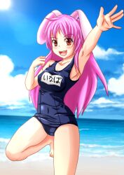  animal_ears bad_id bad_pixiv_id barefoot bunny_ears highres long_hair name_tag one-piece_swimsuit pink_hair red_eyes reisen_udongein_inaba school_swimsuit skindentation solo sukesan swimsuit touhou 