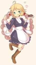  :q ahoge apron bad_id bad_pixiv_id blonde_hair bokujou_monogatari bokujou_monogatari:_waku_waku_animal_march bokujou_monogatari:_yasuragi_no_ki boots braid cake female food fork green_eyes mai_(bokujou_monogatari) solo suzusi tongue tongue_out twin_braids 