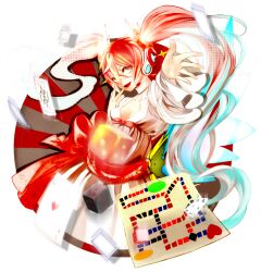  ace_(playing_card) ace_of_hearts alternate_costume blue_eyes breasts card cleavage commentary_request dice female floating_card gradient_hair hatsune_miku headphones headset heart king_(playing_card) king_of_hearts_(playing_card) lento_(water) long_hair multicolored_hair open_mouth photoshop_(medium) playing_card queen_(playing_card) queen_of_diamonds six_of_clubs solo twintails very_long_hair vocaloid 