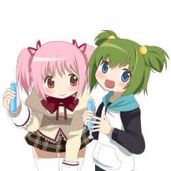  2girls blue_eyes bow bowtie chitose_yuma commentary_request green_hair hair_bobbles hair_ornament hair_ribbon hood hoodie kaname_madoka kuro_chairo_no_neko long_sleeves mahou_shoujo_madoka_magica mahou_shoujo_oriko_magica mitakihara_school_uniform multiple_girls open_mouth pink_eyes pink_hair ribbon school_uniform short_twintails smile thighhighs transparent_background tupet twintails two_side_up white_legwear 