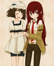  2girls bad_id bad_pixiv_id blush dress hat holding_hands makise_kurisu mizutamako multiple_girls necktie pantyhose red_necktie shiina_mayuri shorts steins;gate 