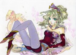  bad_id bad_pixiv_id blue_pantyhose cape dress earrings elbow_gloves female final_fantasy final_fantasy_vi gloves green_eyes green_hair hair_ornament hair_ribbon jewelry long_hair niji2468 pantyhose polka_dot polka_dot_legwear ponytail ribbon solo terra_branford 