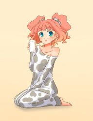  animal_print barefoot commentary_request cow_print female glass green_eyes highres idolmaster idolmaster_(classic) lips long_hair maiko_(yoshida308) milk off_shoulder orange_hair sitting sleepwear solo takatsuki_yayoi twintails wariza 