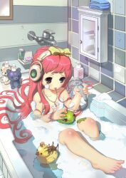  :p barefoot bath bathing bathtub blush bow bracelet bug foam frog hairbow hazardous_materials_label headphones heart heart-shaped_pupils jewelry lolicon long_hair necklace nude original partially_submerged pink_hair rubber_duck shaonav solo symbol-shaped_pupils tiles tongue tongue_out water 