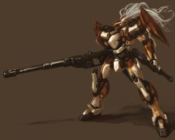  1other arm_slave_(mecha) arx-8_laevatein cannon commentary_request full_body full_metal_panic gun highres holding holding_cannon holding_gun holding_weapon konta long_hair mecha mecha_focus military military_vehicle no_humans photoshop_(medium) robot science_fiction shadow simple_background solo standing weapon 