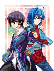  2boys argent-ag black_hair blue_eyes blue_hair cardfight!!_vanguard coat commentary_request crossover hair_intakes jude_mathis male_focus multiple_boys pants sendou_aichi shirt smile tales_of_(series) tales_of_xillia voice_actor_connection yellow_eyes yonaga_tsubasa 