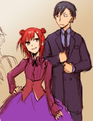  1boy brother_and_sister brown_eyes double_bun dress female formal hair_bun hoozuki-san_chi_no_aneki hoozuki_gorou hoozuki_haru igarashi_ran_(igatz) necktie official_art red_hair siblings suit 