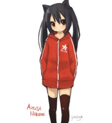  :o animal_ears bad_id bad_pixiv_id black_hair black_thighhighs blush cat_ears female hands_in_pockets hood hoodie k-on! long_hair looking_at_viewer miyamae_porin nakano_azusa red_eyes simple_background solo thighhighs twintails 