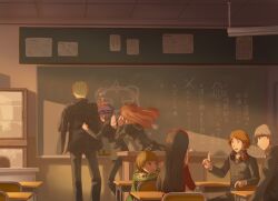  3boys 4girls amagi_yukiko black_hair brown_eyes brown_hair chalk chalkboard classroom commentary_request desk drawing grey_hair hairband hanamura_yousuke hat head_rest headphones index_finger_raised indoors kujikawa_rise kuma_(persona_4) long_hair multiple_boys multiple_girls narukami_yuu open_mouth persona persona_4 red_hair reverse_trap satonaka_chie school_uniform shirogane_naoto short_hair sitting sunset tatsumi_kanji translation_request yuugure 