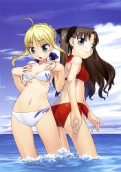  2girls absurdres ahoge alternate_costume artoria_pendragon_(fate) back-to-back bikini blonde_hair blue_eyes brown_hair fate/stay_night fate/tiger_colosseum fate_(series) green_eyes highres hirai_yukio long_hair multiple_girls navel ocean photoshop_(medium) saber_(fate) side-tie_bikini_bottom swimsuit tohsaka_rin two_side_up wading wardrobe_malfunction water 