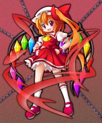  ascot bad_id bad_pixiv_id blonde_hair bow chains female flandre_scarlet frills hairbow hands_on_own_hips hat kneehighs long_hair mary_janes oerba_yun_fang open_mouth red_eyes shinjitsu shoes side_ponytail skirt skirt_set slit_pupils smile socks solo touhou wings wrist_cuffs 