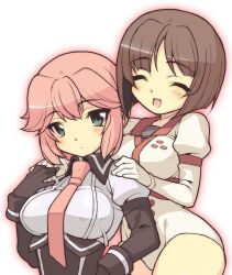  2girls asuka_(busou_shinki) bad_id bad_pixiv_id bob_cut breasts brown_hair busou_shinki closed_eyes green_eyes hands_on_shoulders medium_breasts multiple_girls murmeltier nama_(tadpole) necktie open_mouth pink_eyes short_hair sidelocks smile 