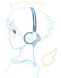  ahoge angel bra_strap drawn_wings female flipped_hair halo headphones looking_at_viewer original portrait profile purple_eyes short_hair shu-mai sideways_glance simple_background solo white_background white_hair wings 