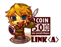  1boy blonde_hair blue_eyes commentary_request faux_figurine hat holding holding_sword holding_weapon hylian_shield left-handed link male_focus master_sword motimamire pointy_ears shield smile solo sword the_legend_of_zelda the_legend_of_zelda:_twilight_princess weapon 