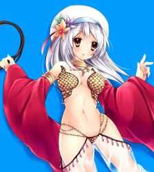  bad_id bad_pixiv_id bare_shoulders blush breasts brown_eyes cleavage commentary_request detached_sleeves female gypsy_(ragnarok_online) hat jewelry medium_breasts navel necklace ragnarok_online see-through simple_background solo sorai_shin&#039;ya whip white_hair 