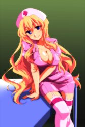  blonde_hair blue_eyes breasts cleavage commentary_request female garter_straps hat highres large_breasts long_hair macross macross_frontier miniskirt nurse nurse_cap open_clothes open_shirt pink_thighhighs sheryl_nome shirt skirt smile solo takeya_yuuki thigh_gap thighhighs zettai_ryouiki 