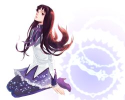  akemi_homura akemi_homura_(magical_girl) argyle_clothes argyle_legwear black_hair black_pantyhose capelet commentary_request female hairband high_heels ideissai long_hair magical_girl mahou_shoujo_madoka_magica mahou_shoujo_madoka_magica_(anime) pantyhose photoshop_(medium) pleated_skirt purple_eyes ribbon shoes sitting skirt solo wariza 