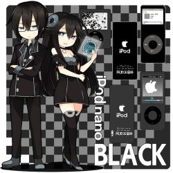  1boy apple_inc. aqua_eyes aruya_(flosrota) bare_shoulders black_hair choker commentary_request digital_media_player female glasses ipod personification photoshop_(medium) product_girl thighhighs 