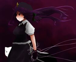  arano_oki black_dress black_eyes black_hair bow braided_sidelock breasts commentary_request dress empty_eyes female floating_hair gloves hairbow hat hei_meiling long_hair looking_ahead m.u.g.e.n medium_breasts neck_ribbon original peeking_out puffy_short_sleeves puffy_sleeves red_gloves red_hair ribbon shaded_face shirt shoboon short_sleeves solo touhou white_shirt 