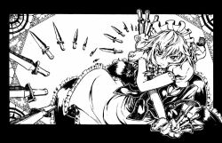  apron border bow braid commentary_request cuffs dress female gloves greyscale hairbow izayoi_sakuya knife maid maid_headdress monochrome pendant_watch serious short_sleeves solo touhou twin_braids watata13 watch 