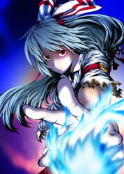  blew_andwhite blue_fire bow close-up colorized commentary_request female fingernails fire foreshortening fujiwara_no_mokou hairbow hands highres long_hair outstretched_hand perspective serious solo tasoku_hokou_heiki torn_clothes touhou 