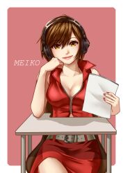  breasts brown_eyes brown_hair cleavage commentary_request desk female hamura_mayu headphones medium_breasts meiko_(vocaloid) nail_polish short_hair sitting skirt smile solo vocaloid 